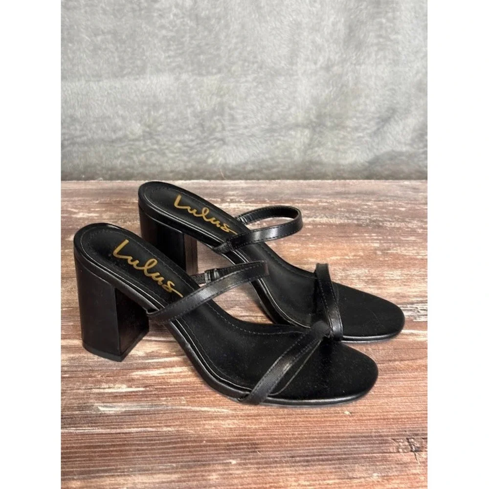 Lulus Black Open Toe Block Heel Slide Sandals Women‎ Size 6.5